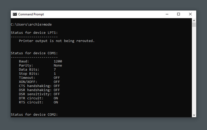הפלט של ❝mode❞ ב-Command Prompt