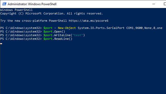 A test message is sent, and $port is waiting to read a line