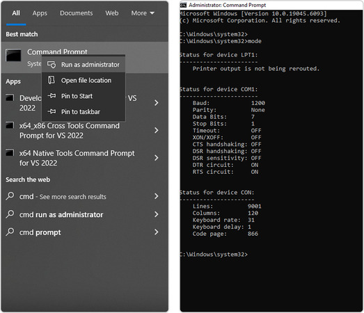 Check serial ports using CMD