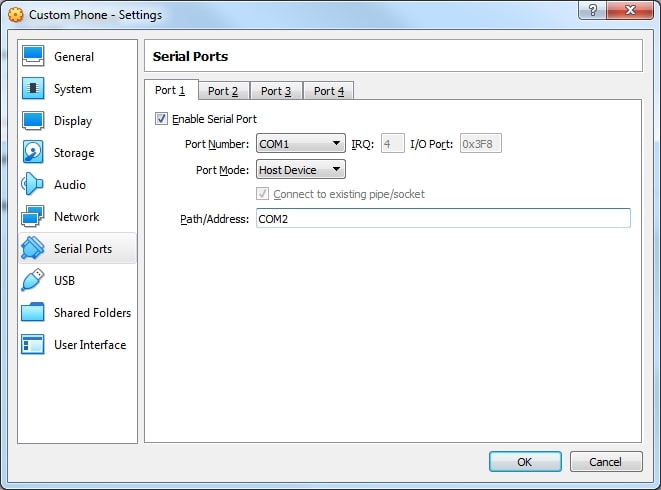 Configurações da porta serial