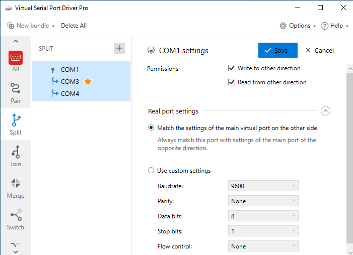 Port settings panel